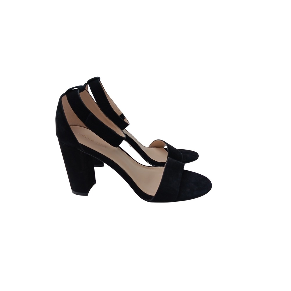 Pelle Moda Black Suede Block Heel Ankle Strap Sandals Womens 8.5 M Open Toe